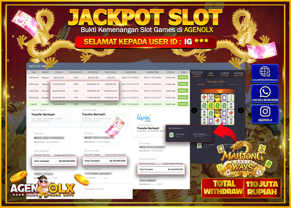 AGENOLX JACKPOT  SLOT MAHJONG WAYS   Rp110.000.000,- LUNAS