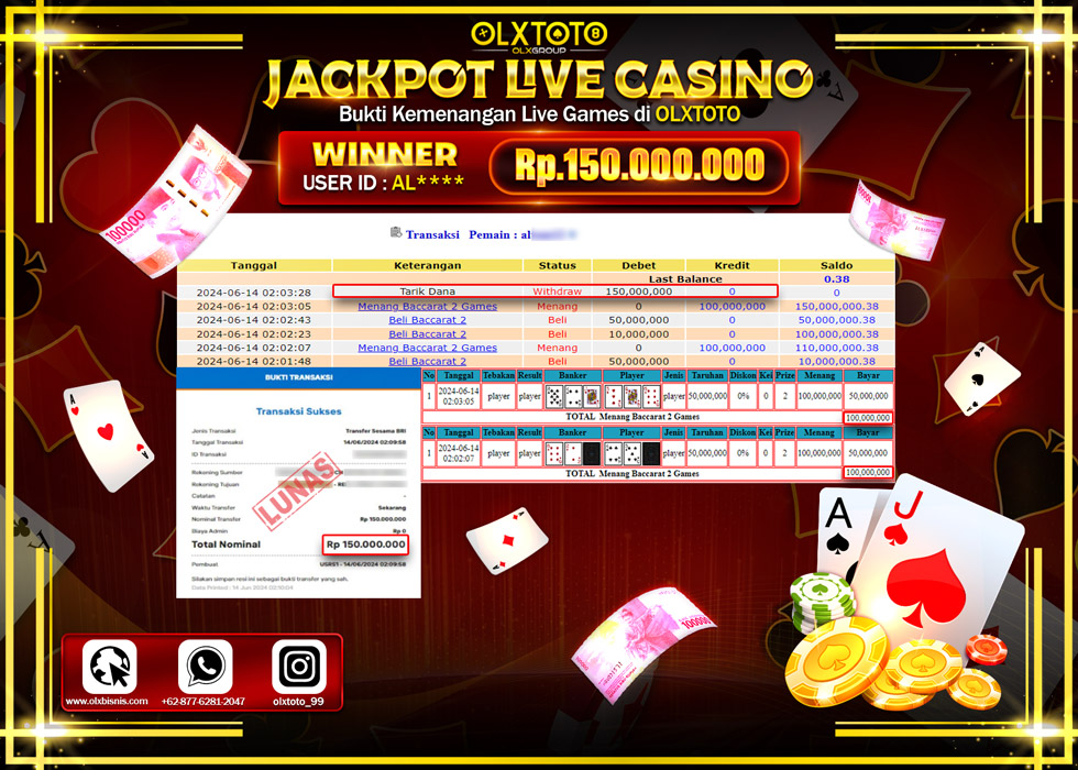 OLXTOTO JACKPOT LIVE GAME BACCARAT 2 GAMES   Rp.150.000.000.,- LUNAS
