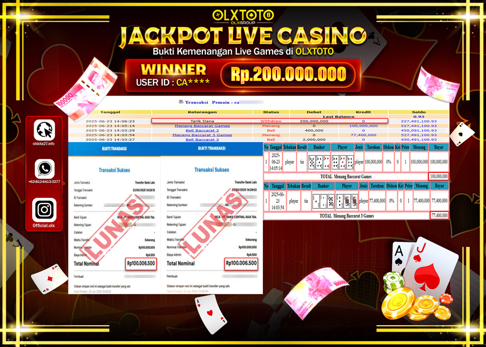 BONDAN69 JACKPOT LIVE GAMES BACCARAT 3  GAMES Rp.200.000.000.,- LUNAS