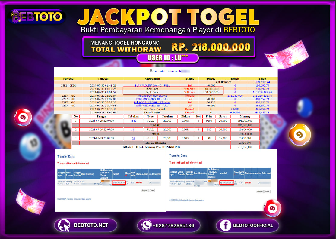 JACKPOT TOGEL BEBTOTO HONGKONG POOLS Rp.218.000.000.,- LUNAS