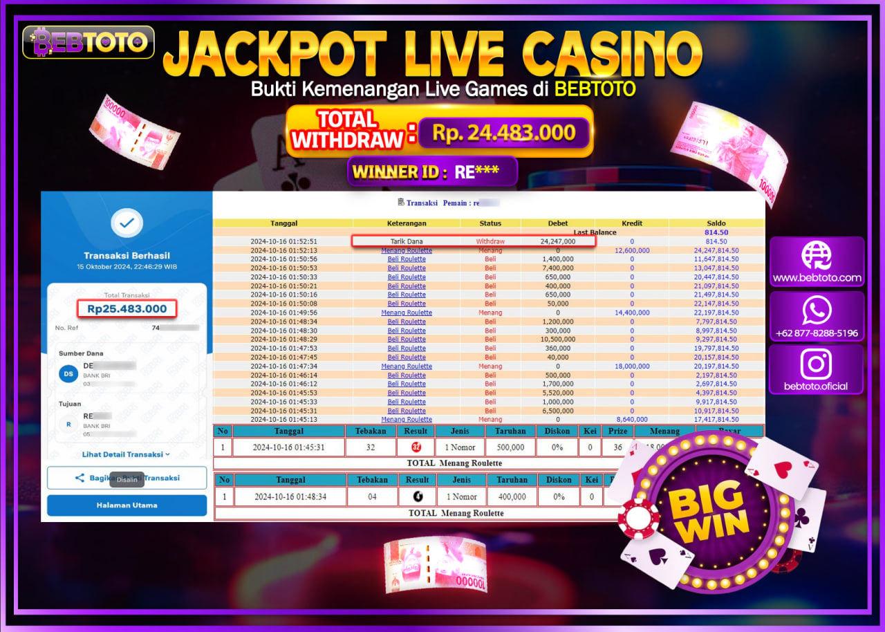 JACKPOT LIVE CASINO BEBTOTO ROULETTE Rp.24.483.000.,- LUNAS