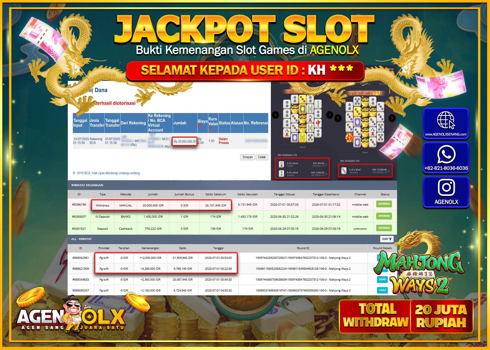 AGENOLX JACKPOT  SLOT MAHJONG WAYS 2 Rp 20.000.000,- LUNAS