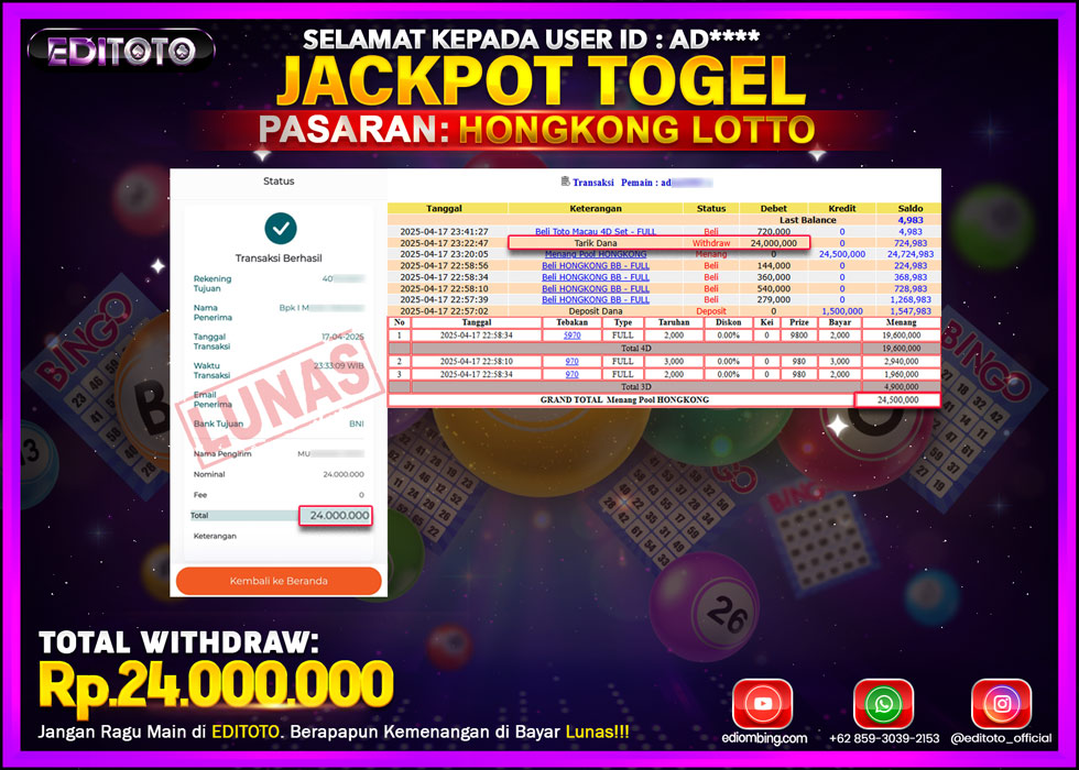 JACKPOT EDITOTO TOGEL PASARAN HONGKONG LOTTO Rp.24.000.000.,- LUNAS