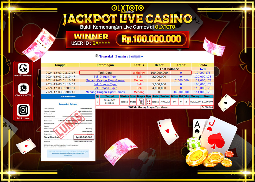 OLXTOTO JACKPOT  LIVE GAMES DRAGON TIGER Rp.100.000.000.,- LUNAS