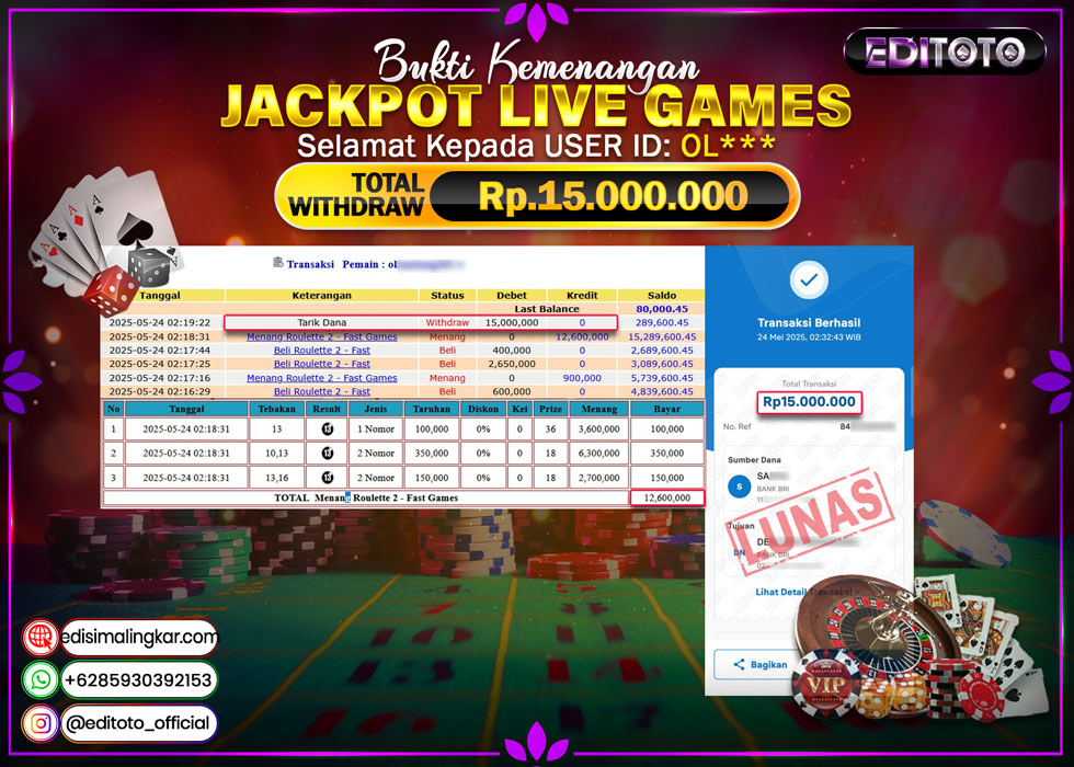 JACKPOT EDITOTO LIVE GAMES ROULETTE  Rp.15.000.000.,- LUNAS