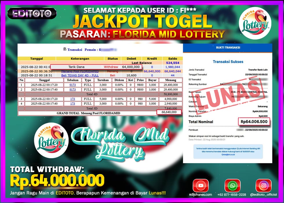 JACKPOT EDITOTO TOGEL PASARAN FLORIDA MID LOTTERY Rp.64.000.000.,- LUNAS