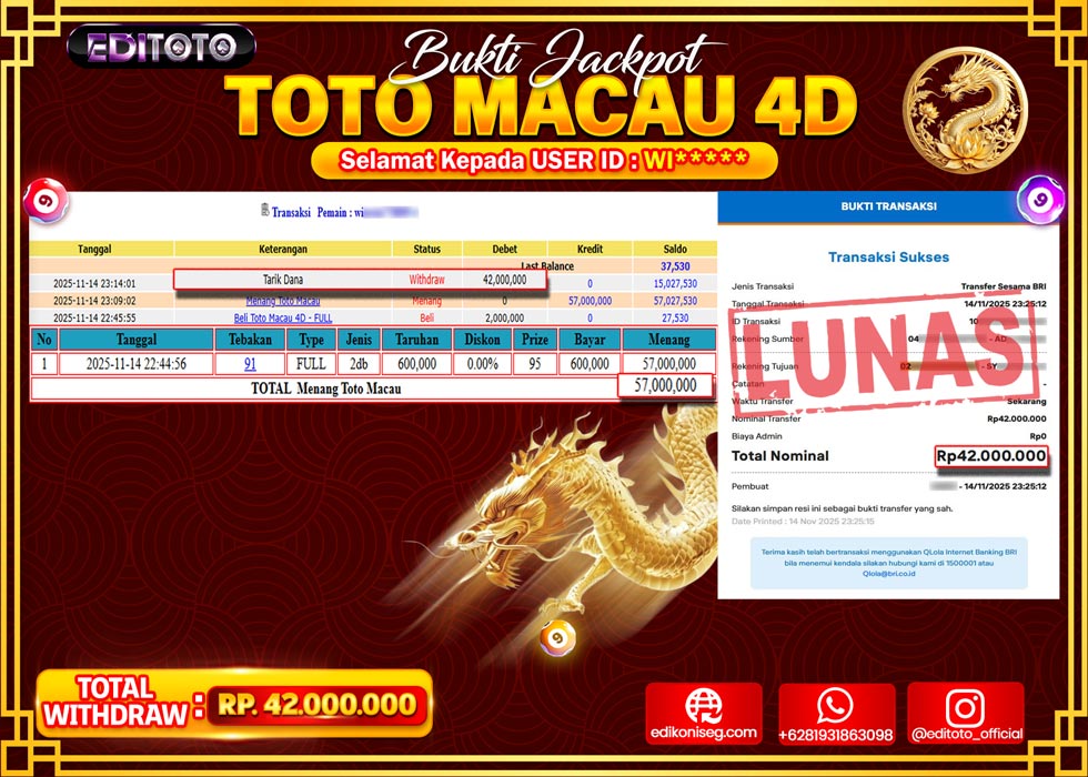 JACKPOT EDITOTO TOGEL PASARAN TOTO MACAU 4D Rp.42.000.000.,- LUNAS 