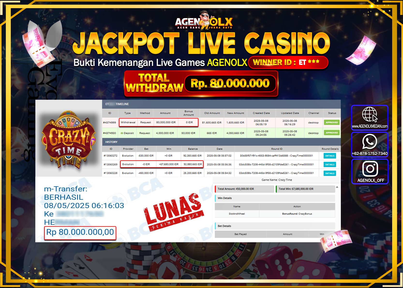 AGENOLX JACKPOT LIVE CASINO CRAZY TIME Rp 80.000.000,- LUNAS