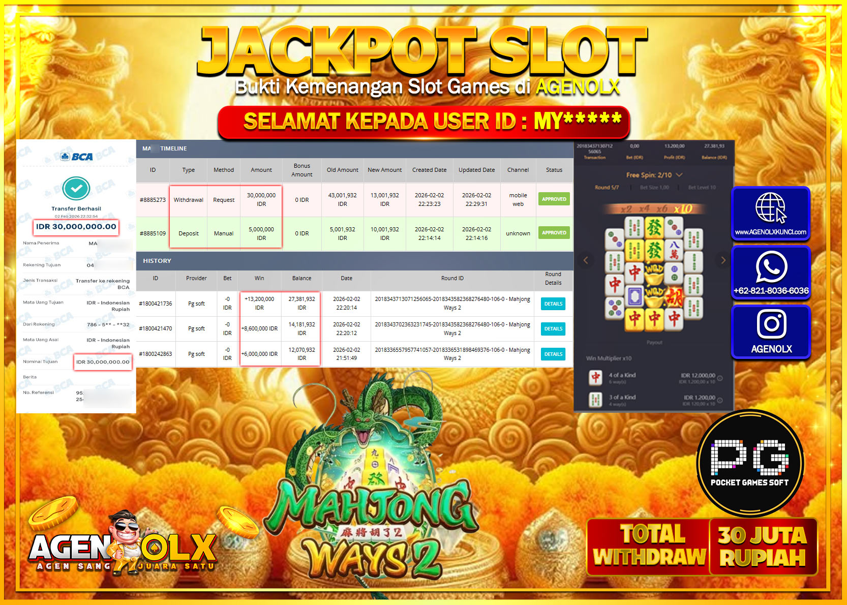 AGENOLX JACKPOT SLOT MAHJONG WAYS 2 Rp 30.000.000 - LUNAS