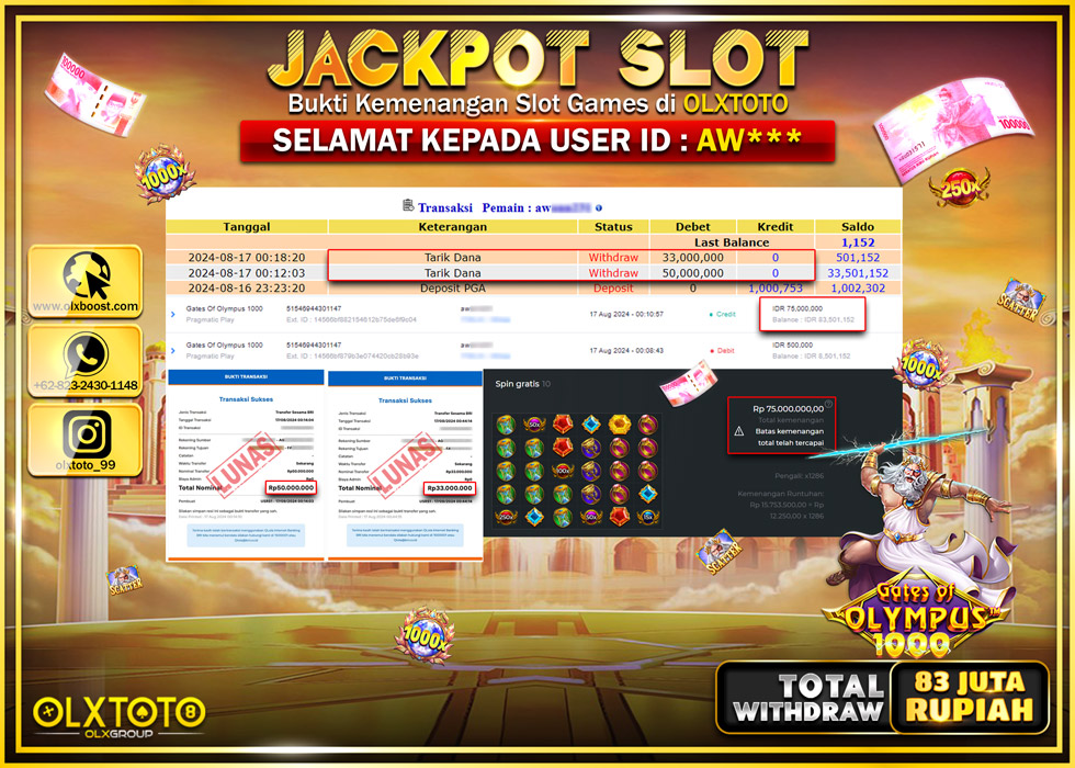 OLXTOTO JACKPOT  SLOT GATE OF OLYMPUS 1000 Rp.83.000.000.,- LUNAS