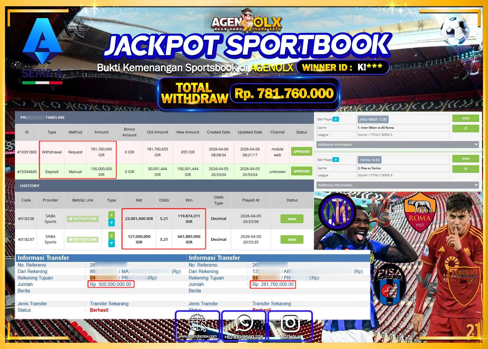 AGENOLX JACKPOT SABA SPORT PARLAY Rp 781.760.000- LUNAS