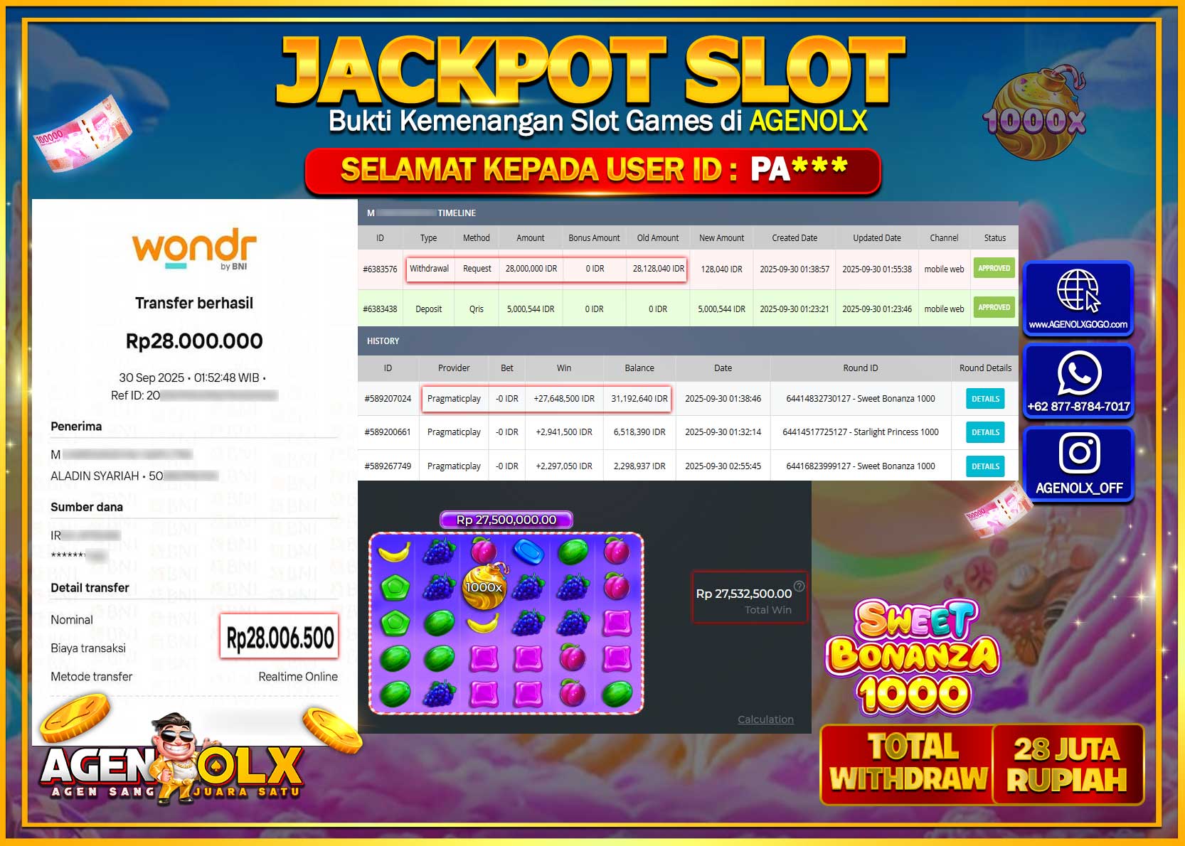 AGENOLX JACKPOT SLOT SWEET BONANZA 1000  Rp 28,000,000,- LUNAS
