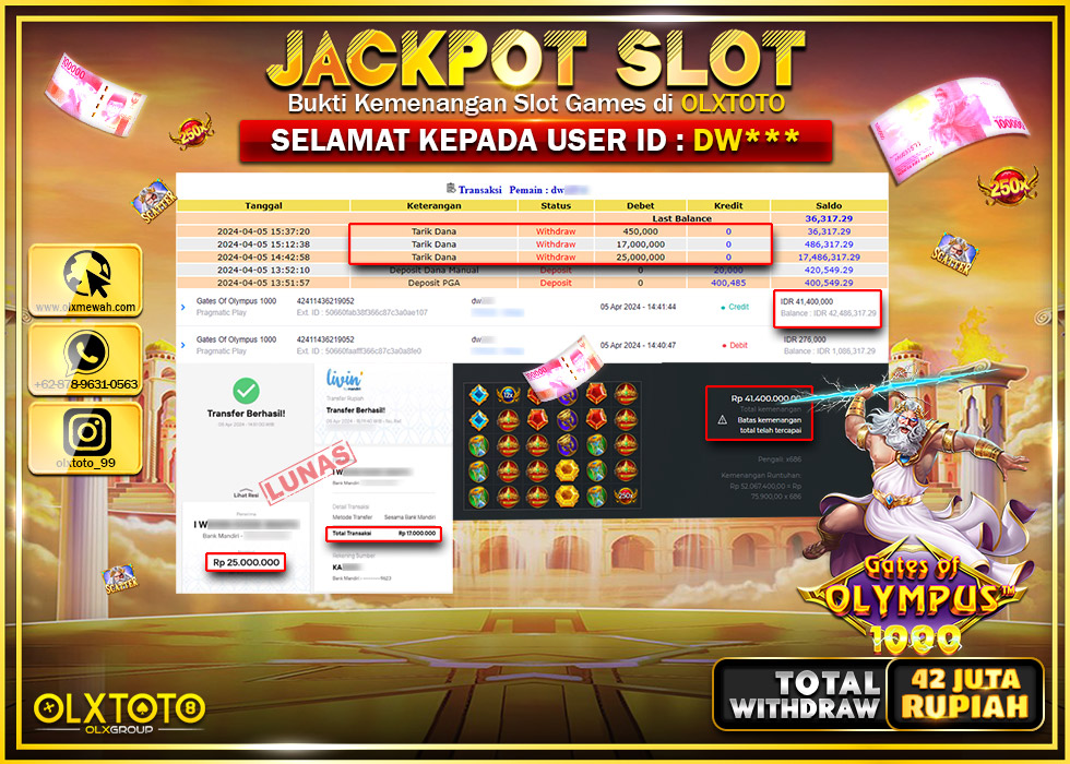 OLXTOTO JACKPOT SLOT GATE OF OLYMPUS 1000  Rp.42.450.000.,- LUNAS
