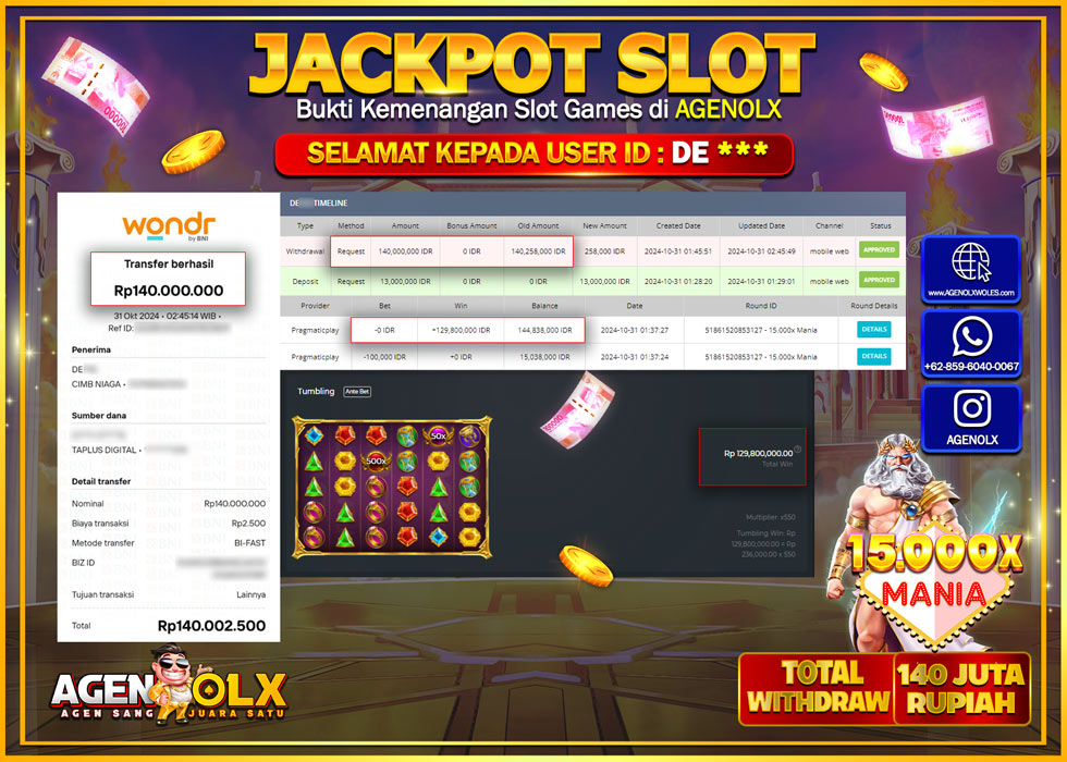 AGENOLX JACKPOT  SLOT 15.000X MANIA  Rp 140.000.000,- LUNAS