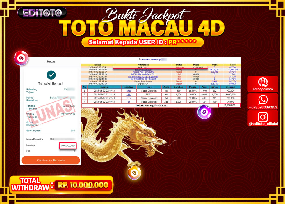 JACKPOT TOGEL PASARAN TOTOMACAU 4D Rp.10.000.000.,- LUNAS
