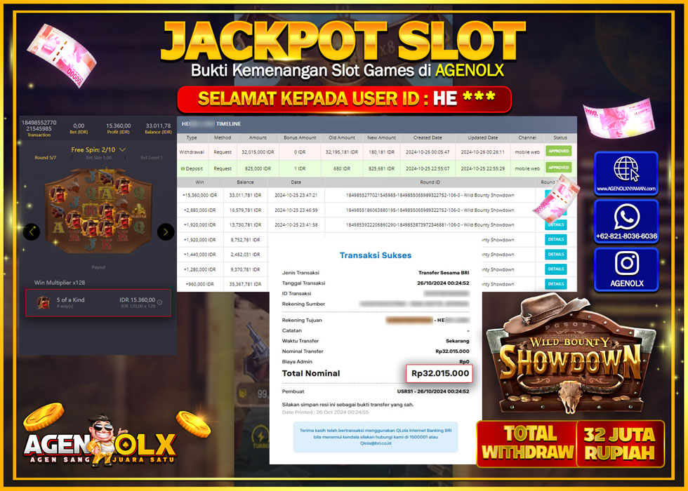 AGENOLX JACKPOT  SLOT WILD BOUNTY SHOWDOWN  Rp 32.000.000,- LUNAS