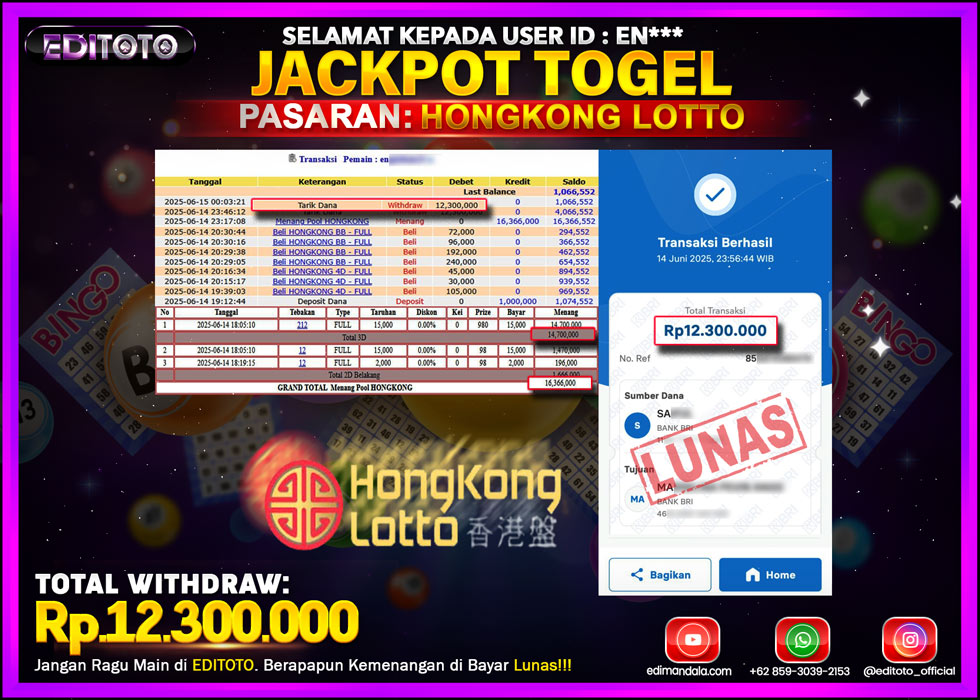 JACKPOT EDITOTO TOGEL PASARAN HONGKONG LOTTO Rp.12.300.000.,- LUNAS