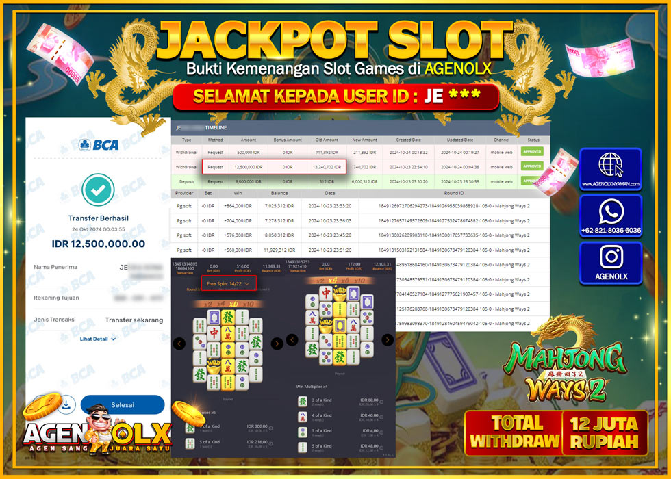 AGENOLX JACKPOT  SLOT SLOT MAHJONG WAYS  2  Rp 12.500.000,- LUNAS