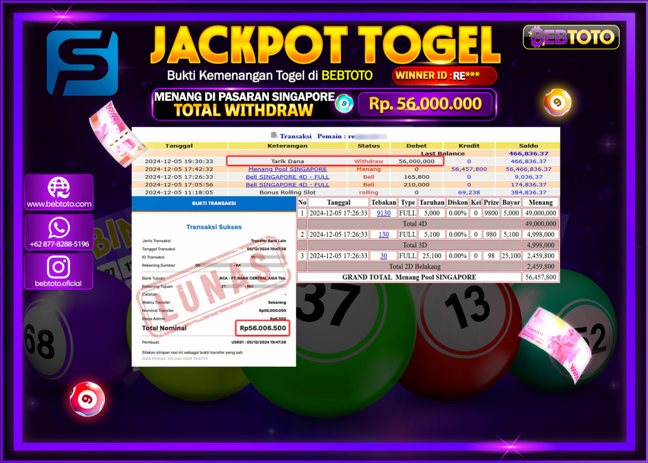 JACKPOT TOGEL BEBTOTO SINGAPORE POOL Rp.56.000.000.,- LUNAS