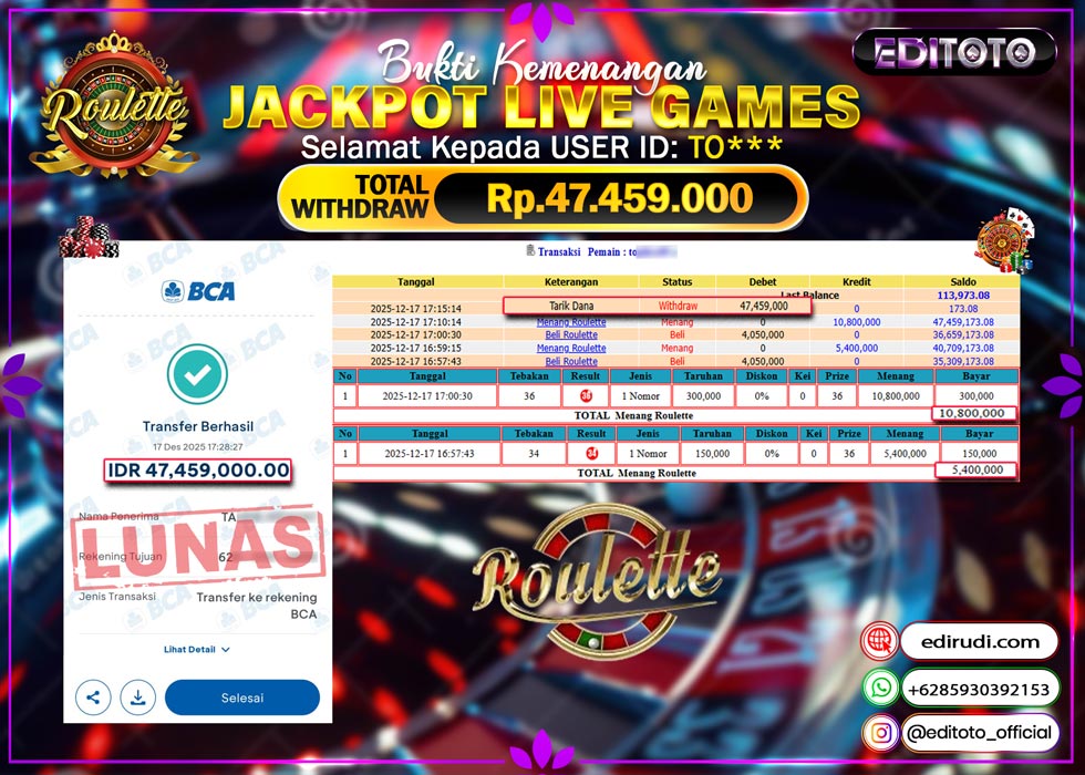 JACKPOT EDITOTO LIVE GAMES ROULETTE Rp. 47.459.000.,- LUNAS