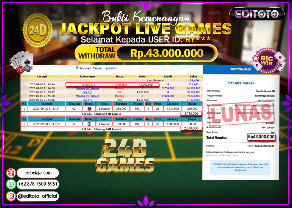 JACKPOT EDITOTO LIVE GAMES 24D GAMES Rp. 43.000.000.,- LUNAS