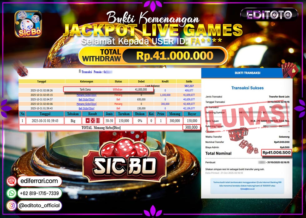 JACKPOT EDITOTO LIVE GAMES SICBO DICE Rp. 41.000.000.,- LUNAS
