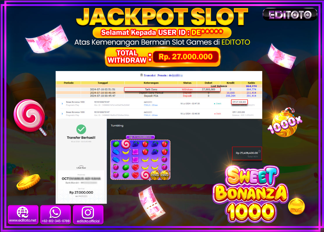 JACKPOT SLOT EDITOTO Sweet Bonanza 1000 Rp.27.000.000.,- LUNAS