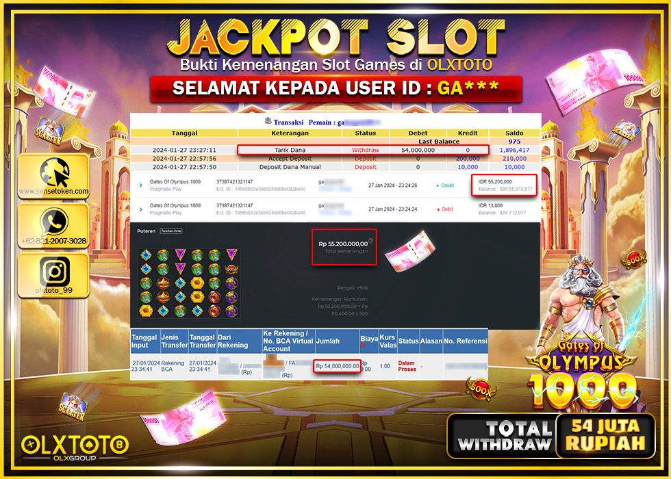 OLXTOTO JACKPOT  SLOT GATES OF OLYMPUS 1000 Rp.54.000.000.,- LUNAS