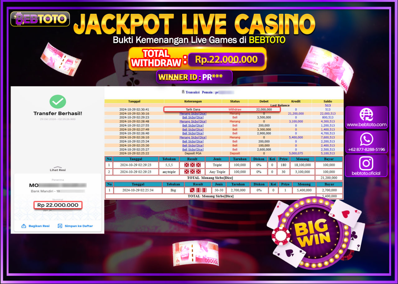 JACKPOT LIVE CASINO BEBTOTO SICBO DICE Rp.22.000.000.,- LUNAS