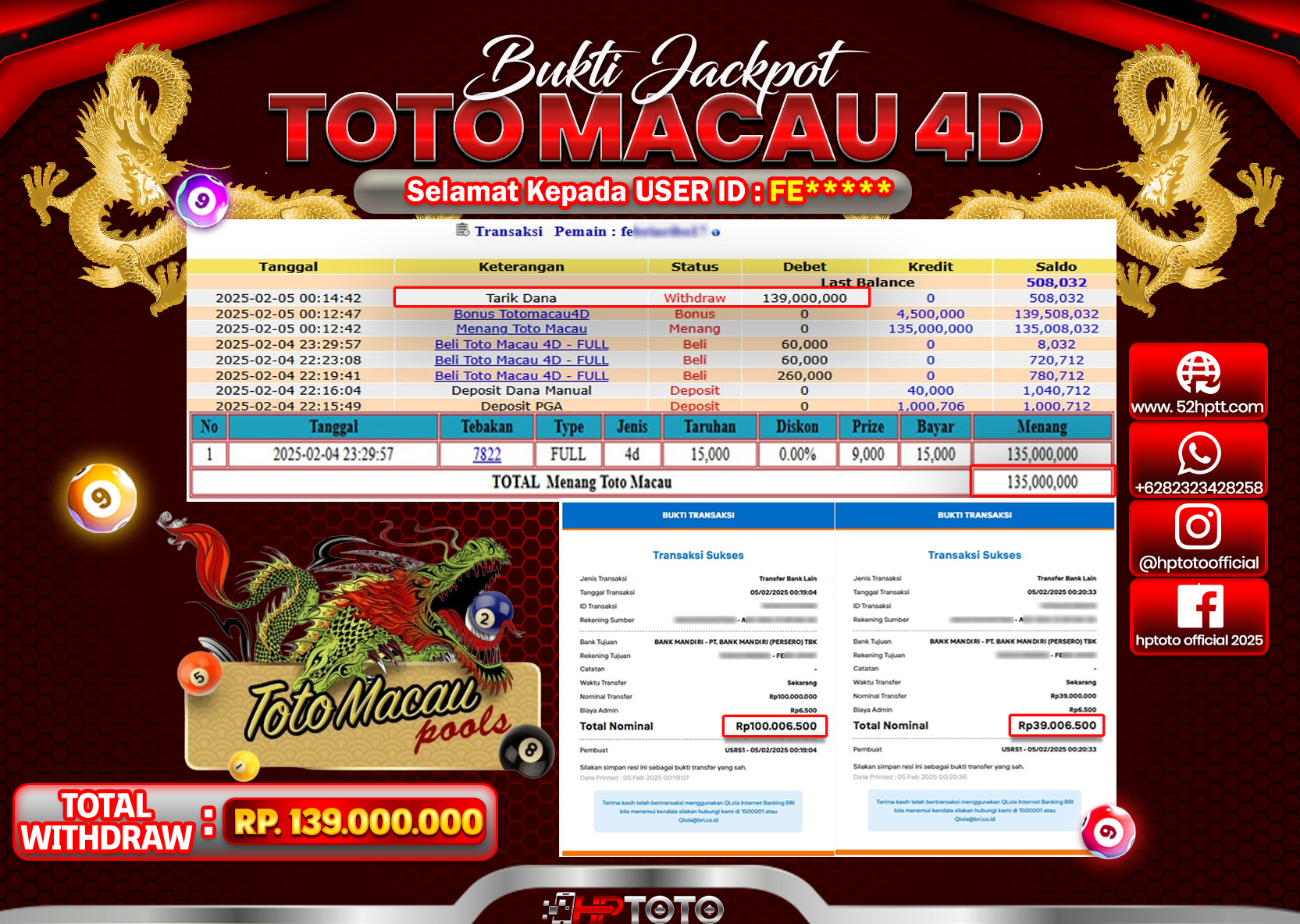 JACKPOT TOGEL PASARAN TOTOMACAU Rp.139.000.000.,- LUNAS
