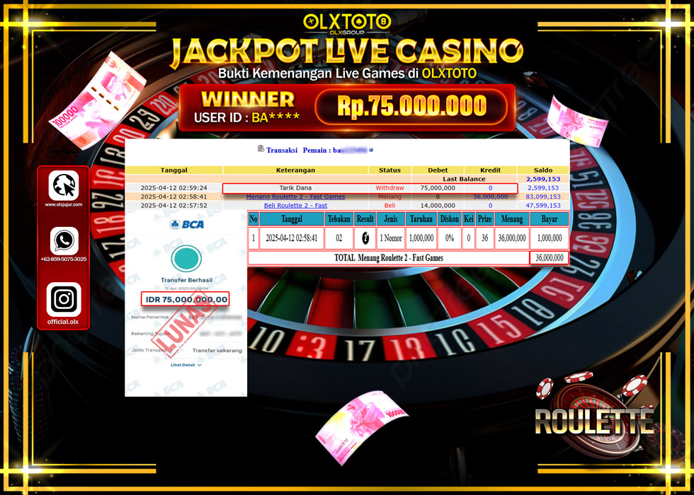 BINTANGSLOT77 JACKPOT  LIVE GAMES ROULATTE 2 Rp.75.000.000.,- LUNAS