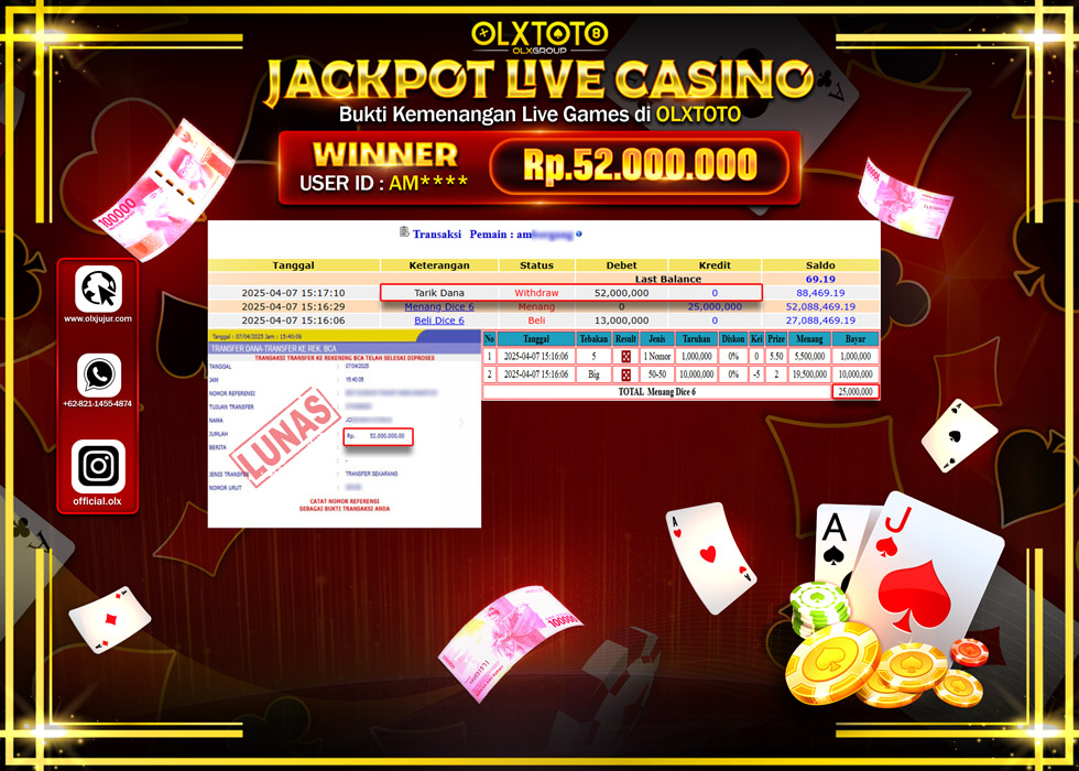 BINTANGSLOT77 JACKPOT  LIVE GAMES DICE 6 Rp.52.000.000.,- LUNAS