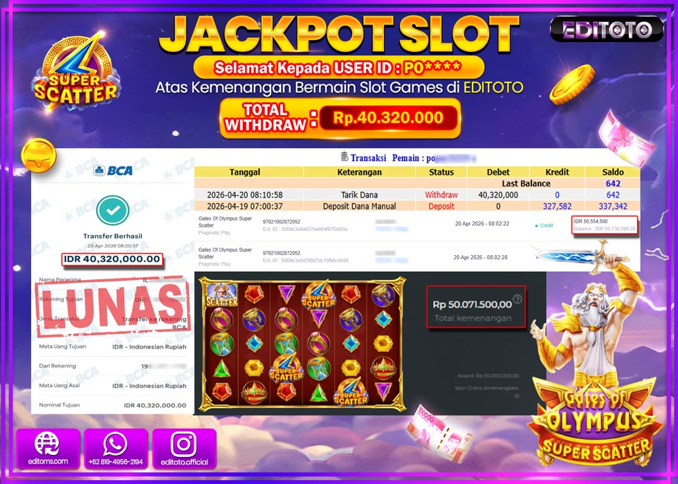 JACKPOT EDITOTO SLOT GATES OF OLYMPUS SUPER SCATTER  Rp.40.320.000,- LUNAS