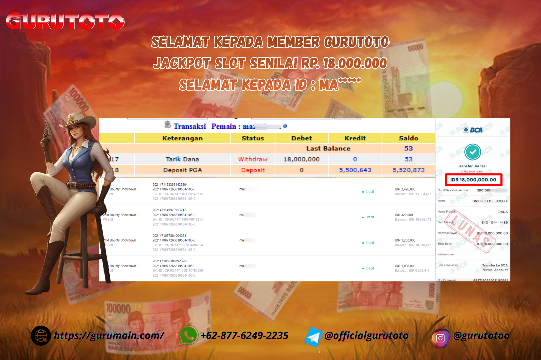 Bukti Kemenangan Rp 18.000.000 WILD BOUNTY SHOWNDOWN di GURUTOTO !