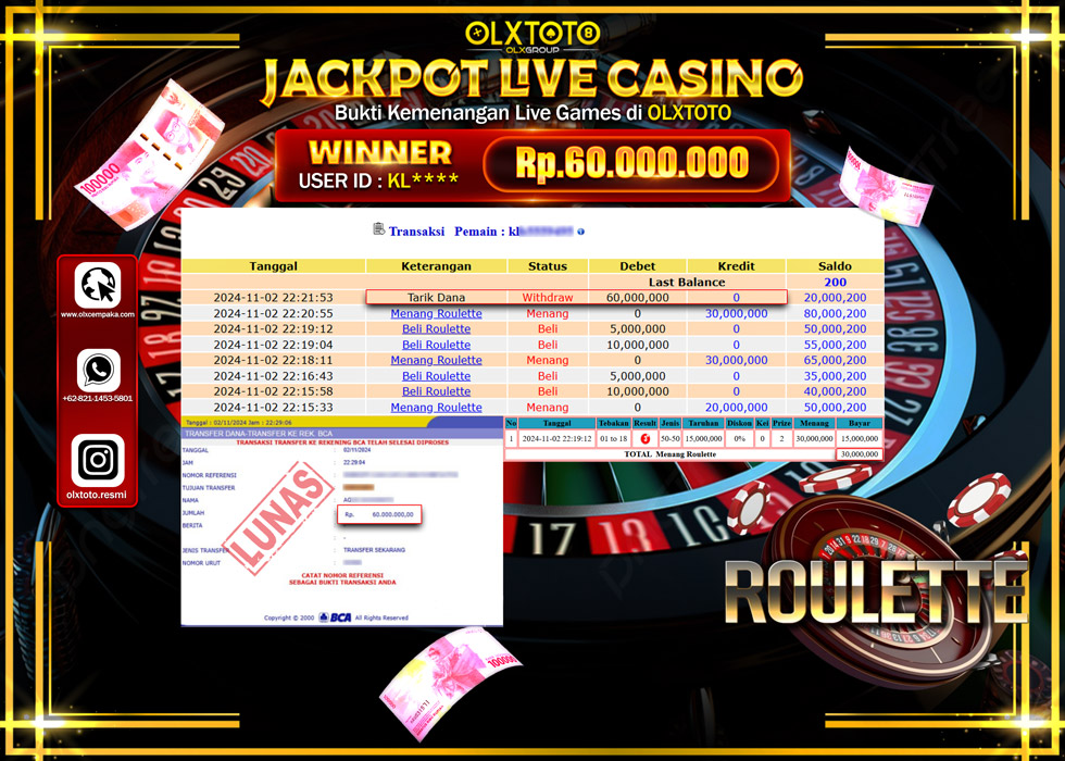OLXTOTO JACKPOT  LIVE GAMES ROULETTE  Rp.60.000.000.,- LUNAS