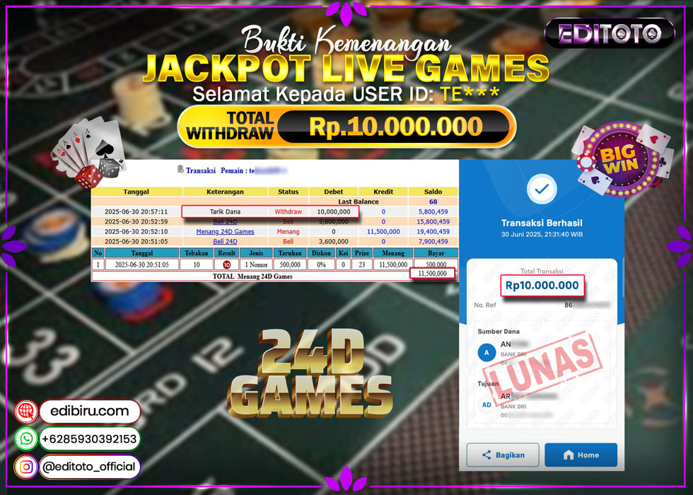 JACKPOT EDITOTO LIVE GAMES 24D Rp. 10.000.000.,- LUNAS
