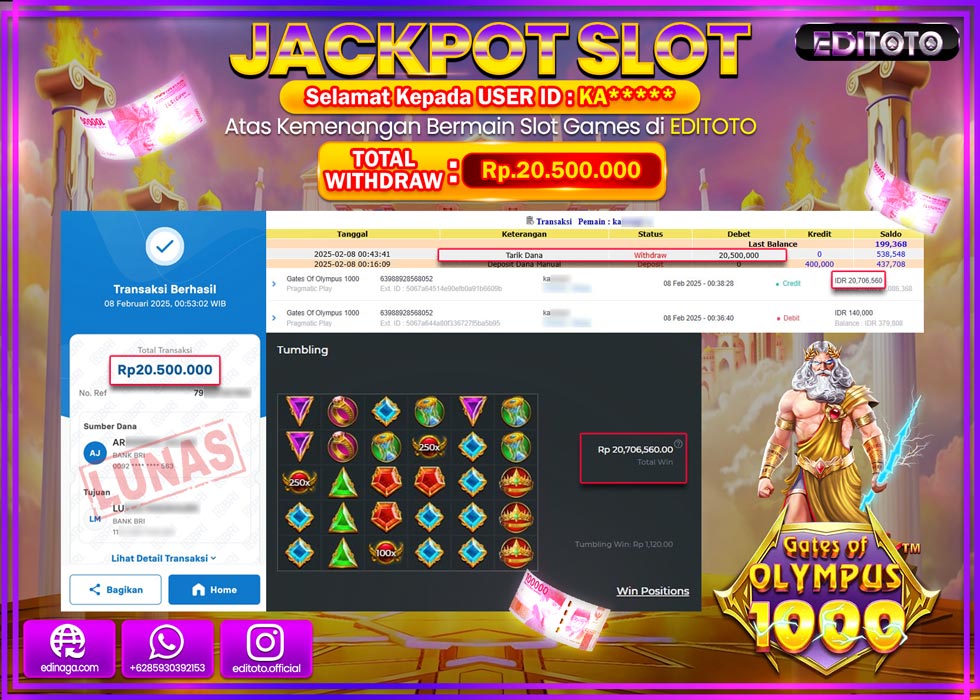 JACKPOT SLOT GATES OF OLYMPUS 1000  Rp.20.500.000.,- LUNAS