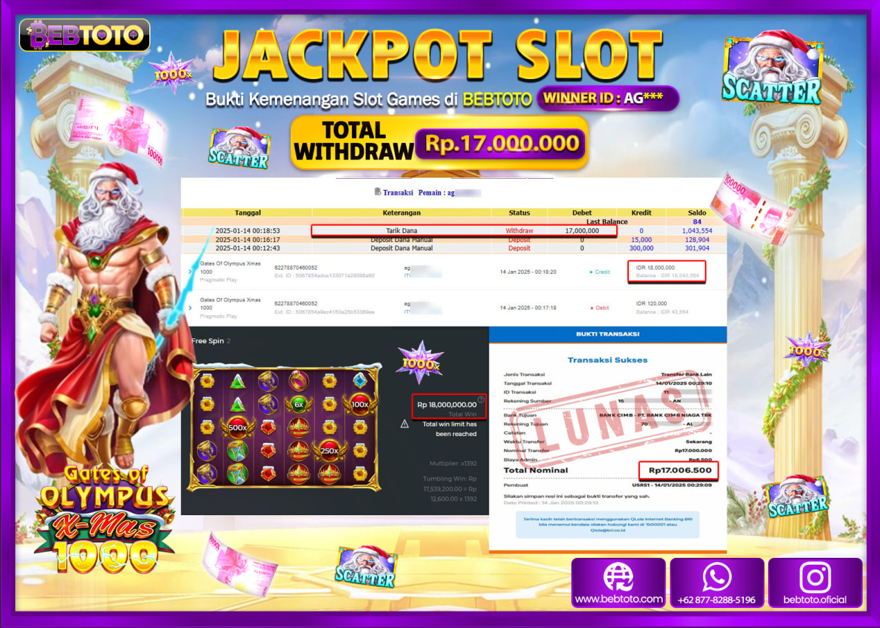 JACKPOT SLOT BEBTOTO GATES OF OLYMPUS X-MAS 1000 Rp.17.000.000.,- LUNAS