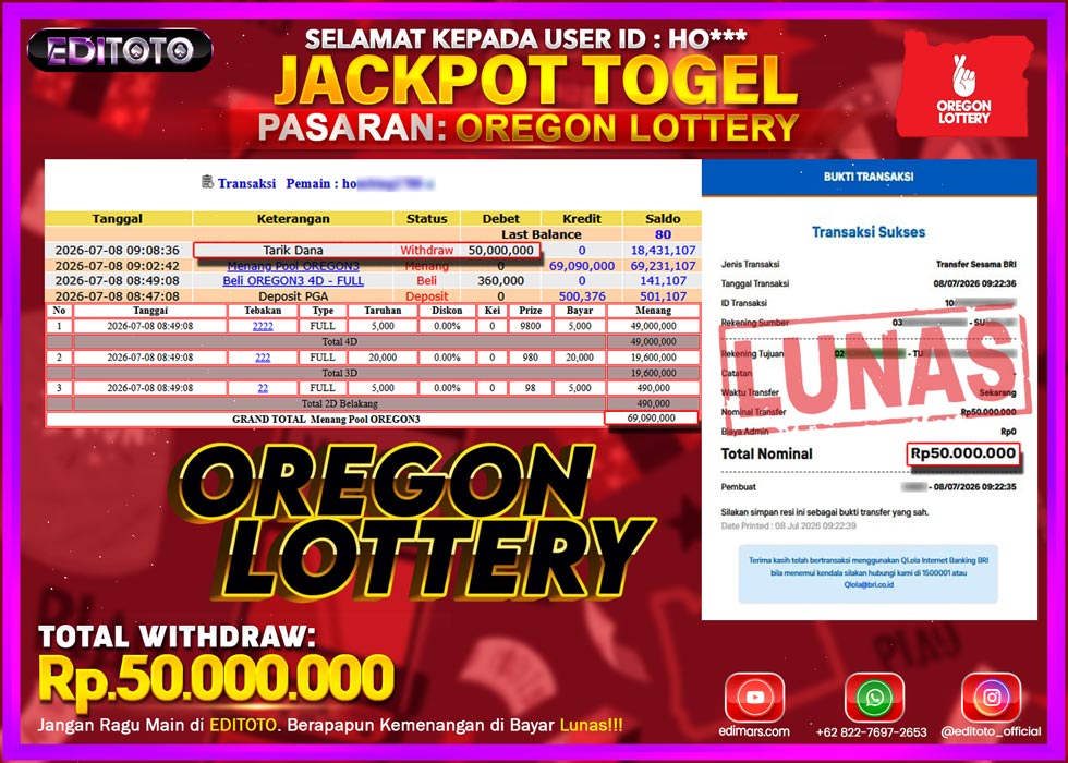 JACKPOT EDITOTO TOGEL PASARAN OREGON LOTTERY Rp.50.000.000.,- LUNAS