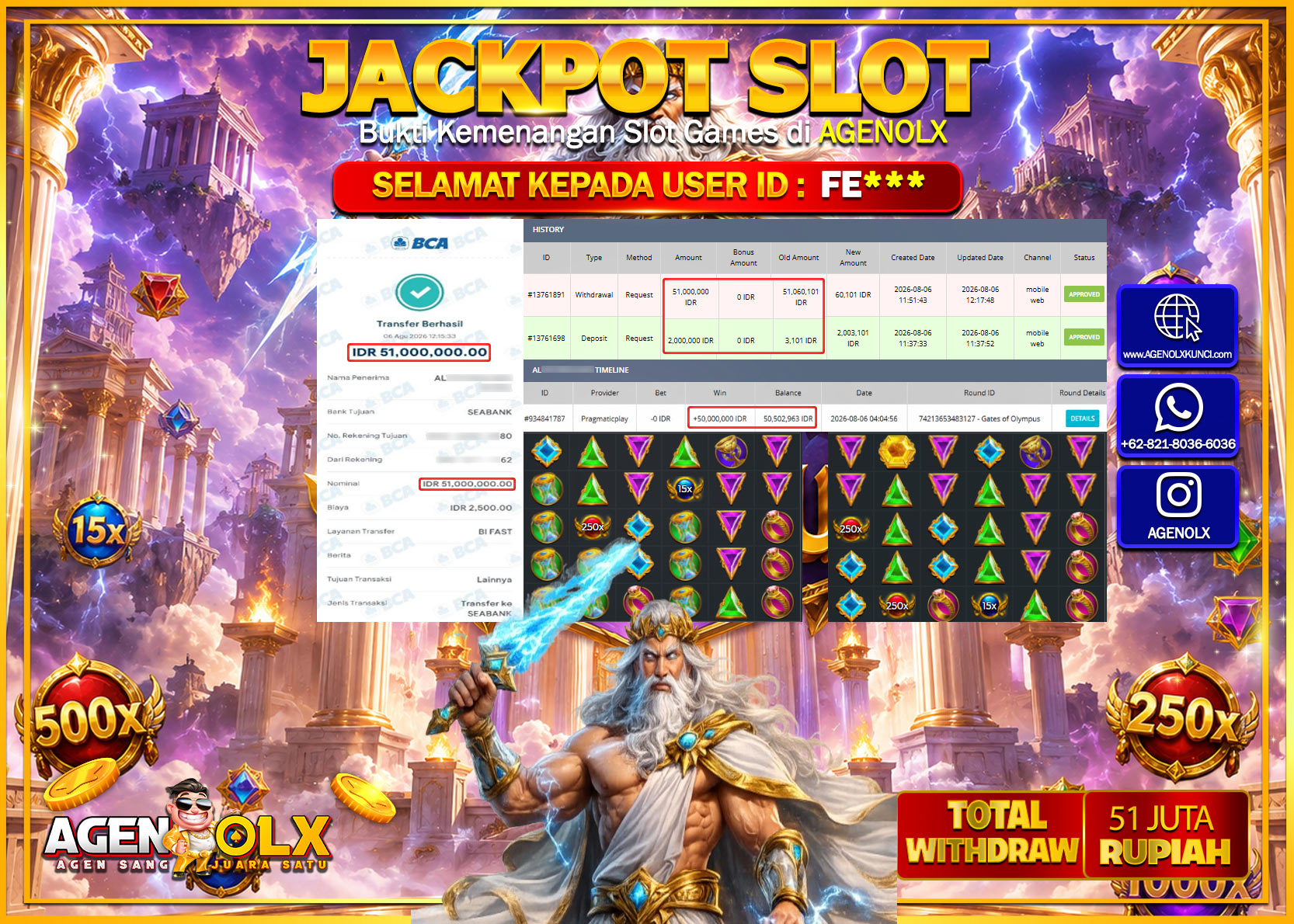 AGENOLX JACKPOT SLOT  GATES OF OLYMPUS  Rp 51.000.000 -LUNAS