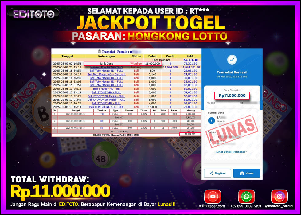 JACKPOT EDITOTO TOGEL HONGKONG LOTTO Rp.11.000.000,- LUNAS