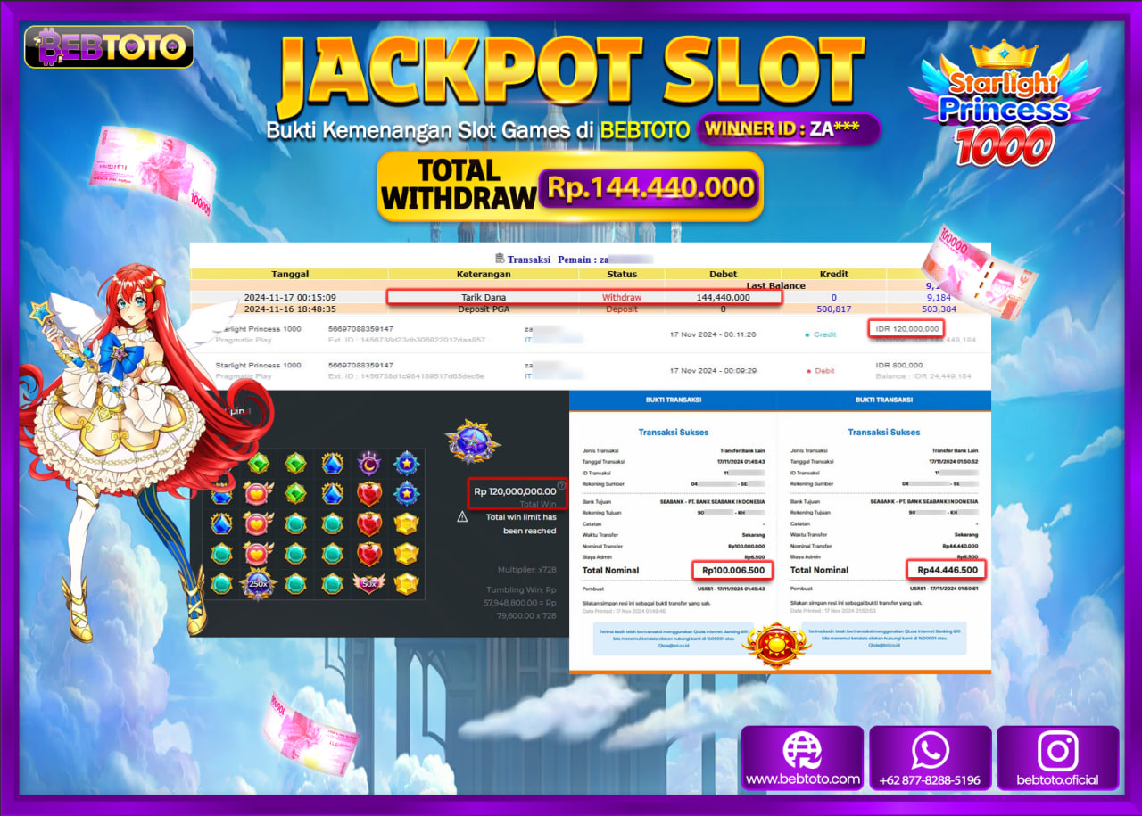 JACKPOT SLOT BEBTOTO STARLIGHT PRINCESS 1000 Rp.144.440.000.,- LUNAS