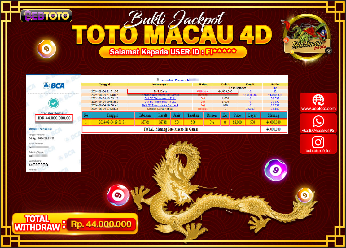JACKPOT TOGEL BEBTOTO TOTO MACAU POOLS Rp.44.000.000.,- LUNAS