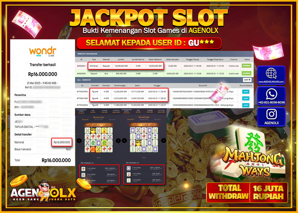 AGENOLX JACKPOT MAHJONG WAYS Rp 16.000.000,- LUNAS