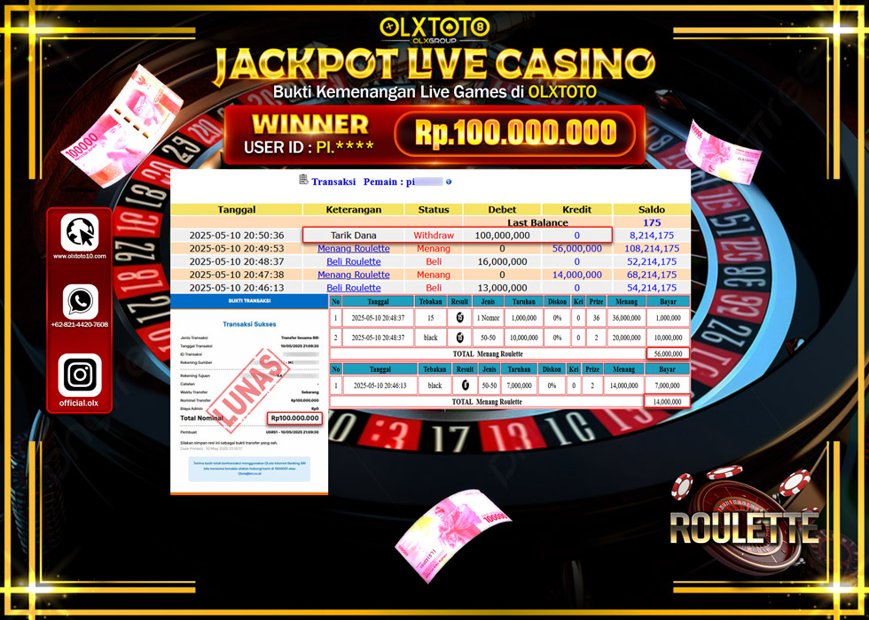 BINTANGSLOT77 JACKPOT  LIVE GAMES ROLETTE Rp.100.000.000.,- LUNAS
