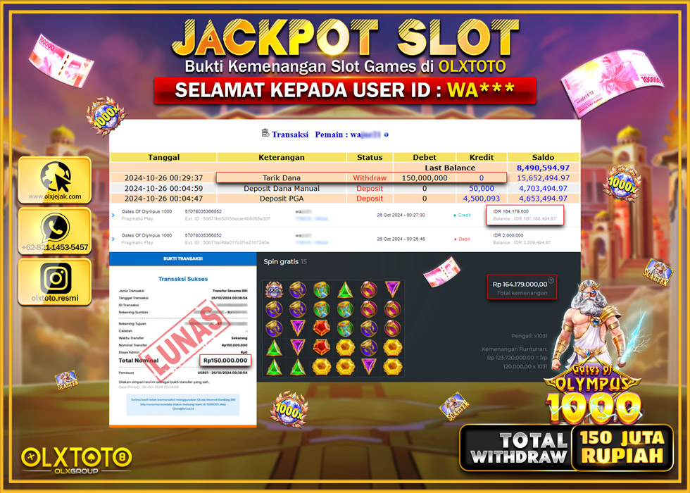OLXTOTO JACKPOT  SLOT GATES OF OLYMPUS 1000  Rp.150.000.000.,- LUNAS
