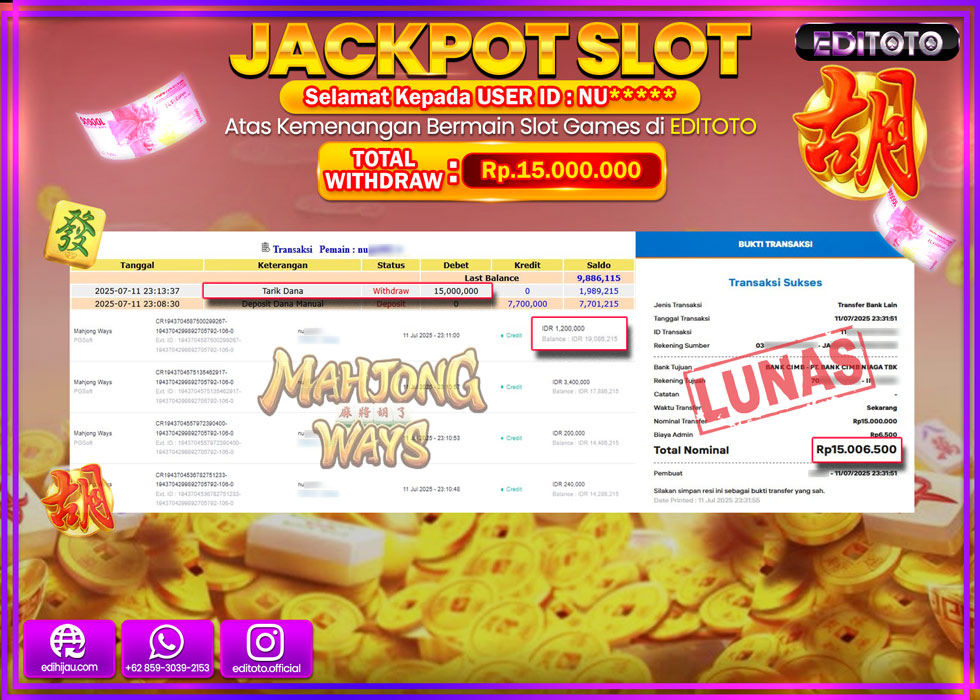 JACKPOT EDITOTO SLOT MAHJONG WAYS Rp.15.000.000,- LUNAS 