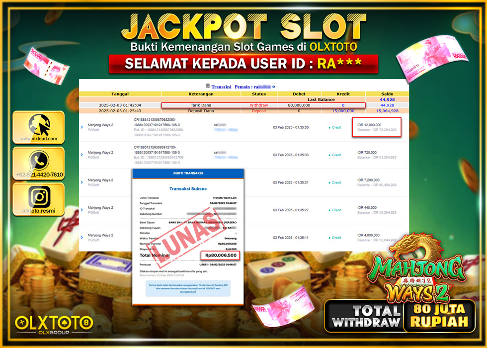 OLXTOTO JACKPOT  SLOT MAHJONG WAYS 2  Rp.80.000.000.,- LUNAS