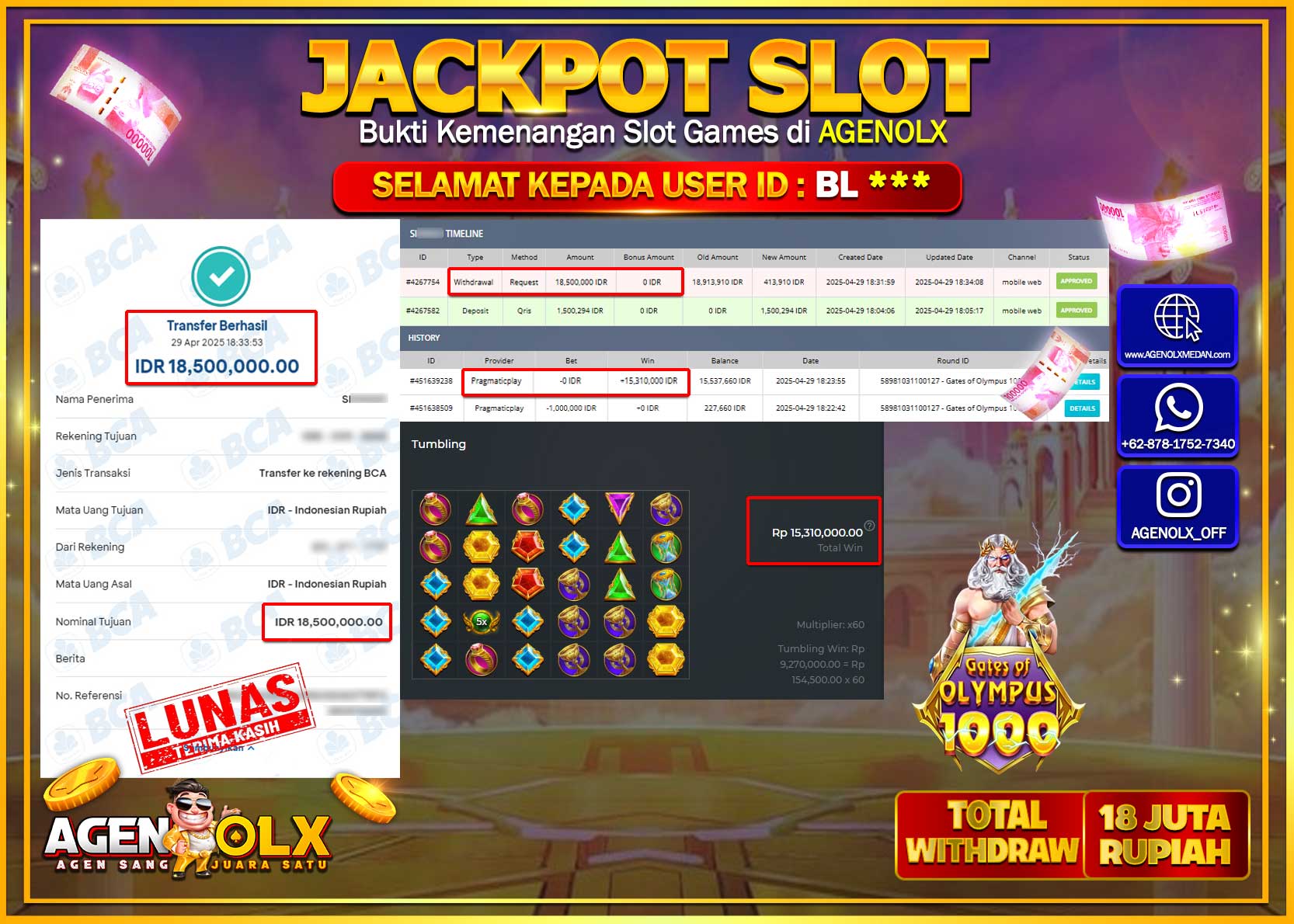 AGENOLX JACKPOT SLOT GATE OF OLYMPUS 1000 Rp 18.500.000,- LUNAS