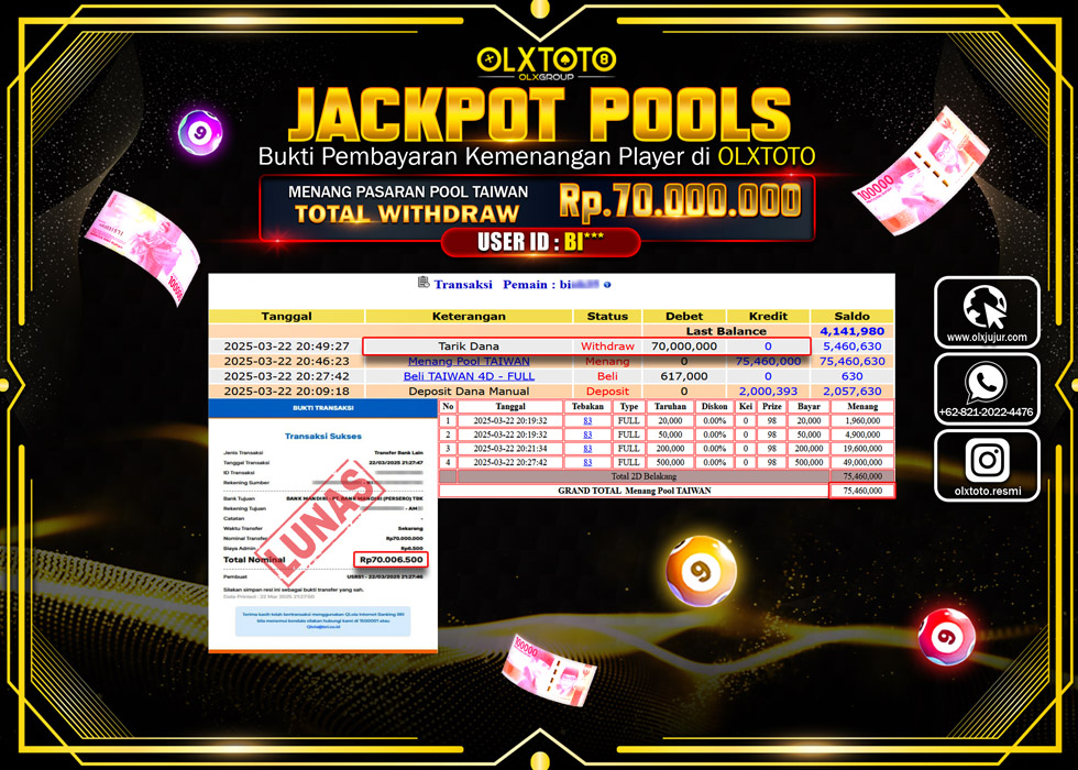 OLXTOTO JACKPOT TOGEL PASARAN POOL TAIWAN Rp.70.000.000.,- LUNAS
